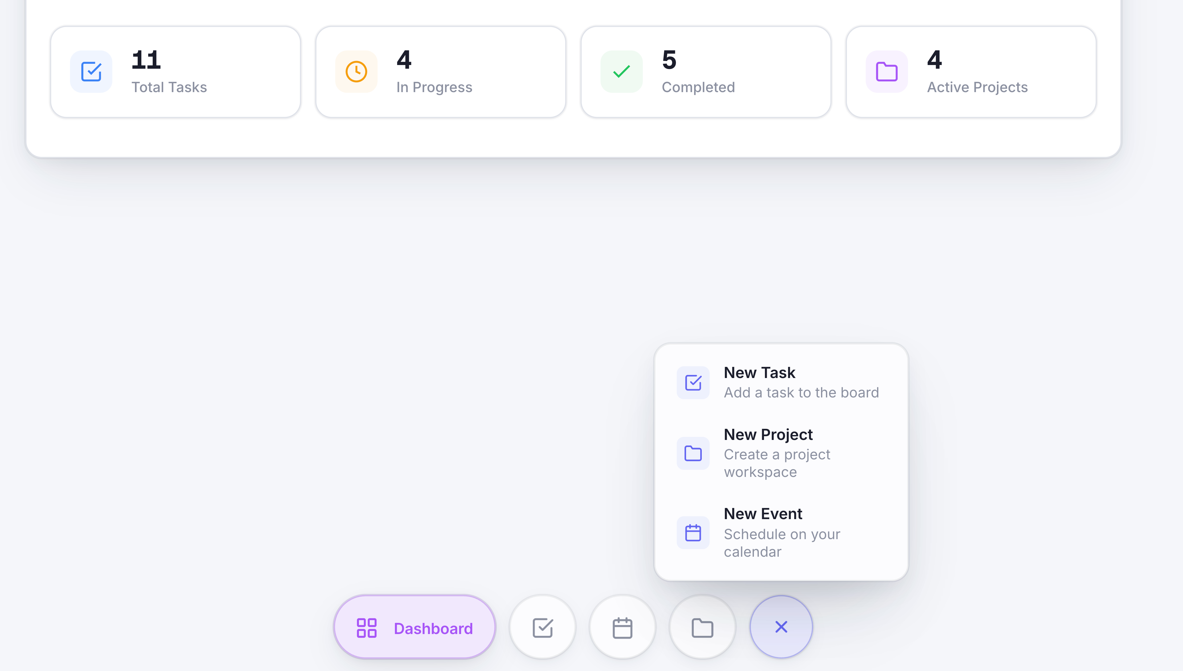 Tasky fluid dock navigation and quick actions