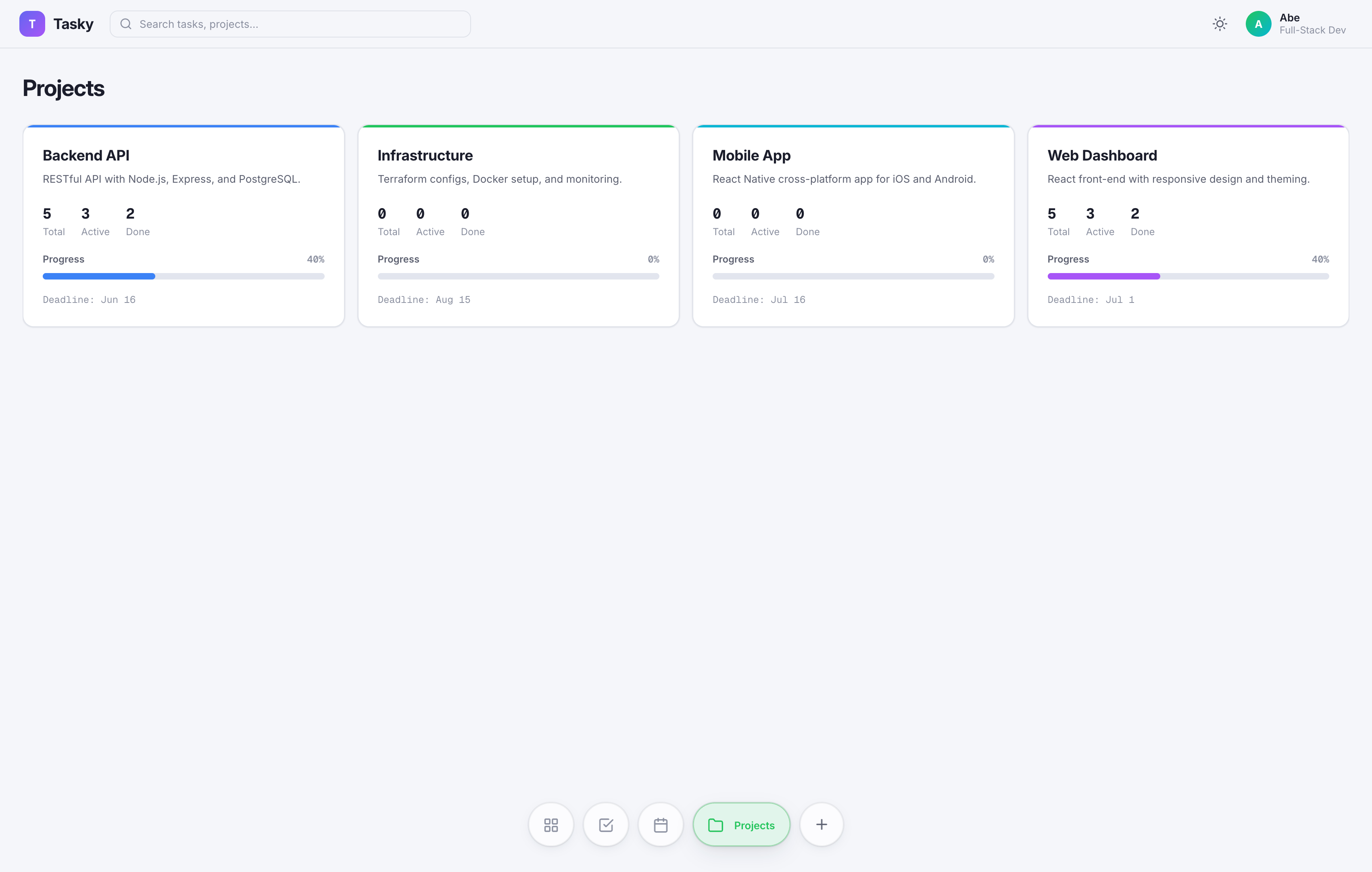 Tasky projects overview grid