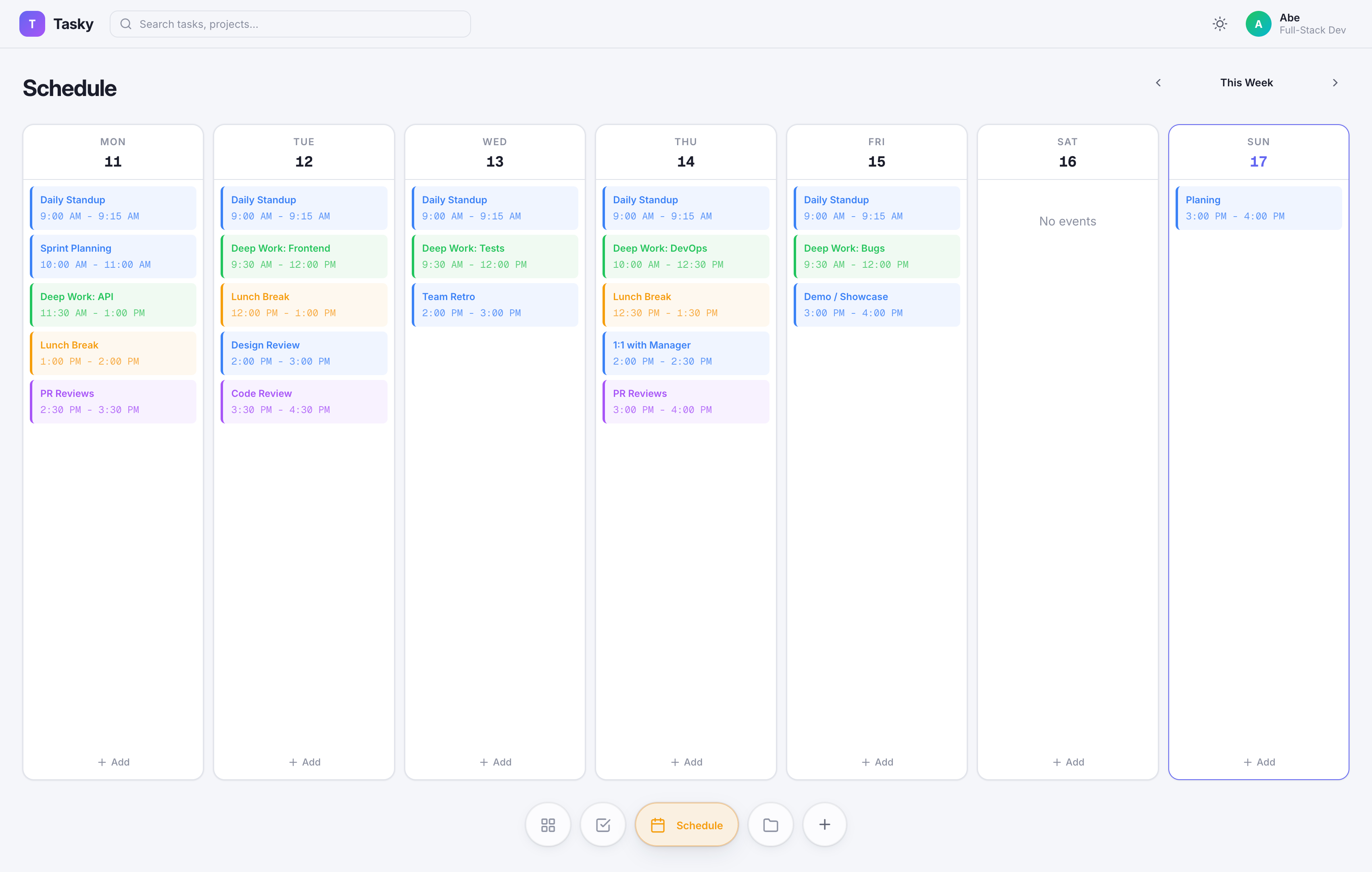 Tasky weekly schedule grid