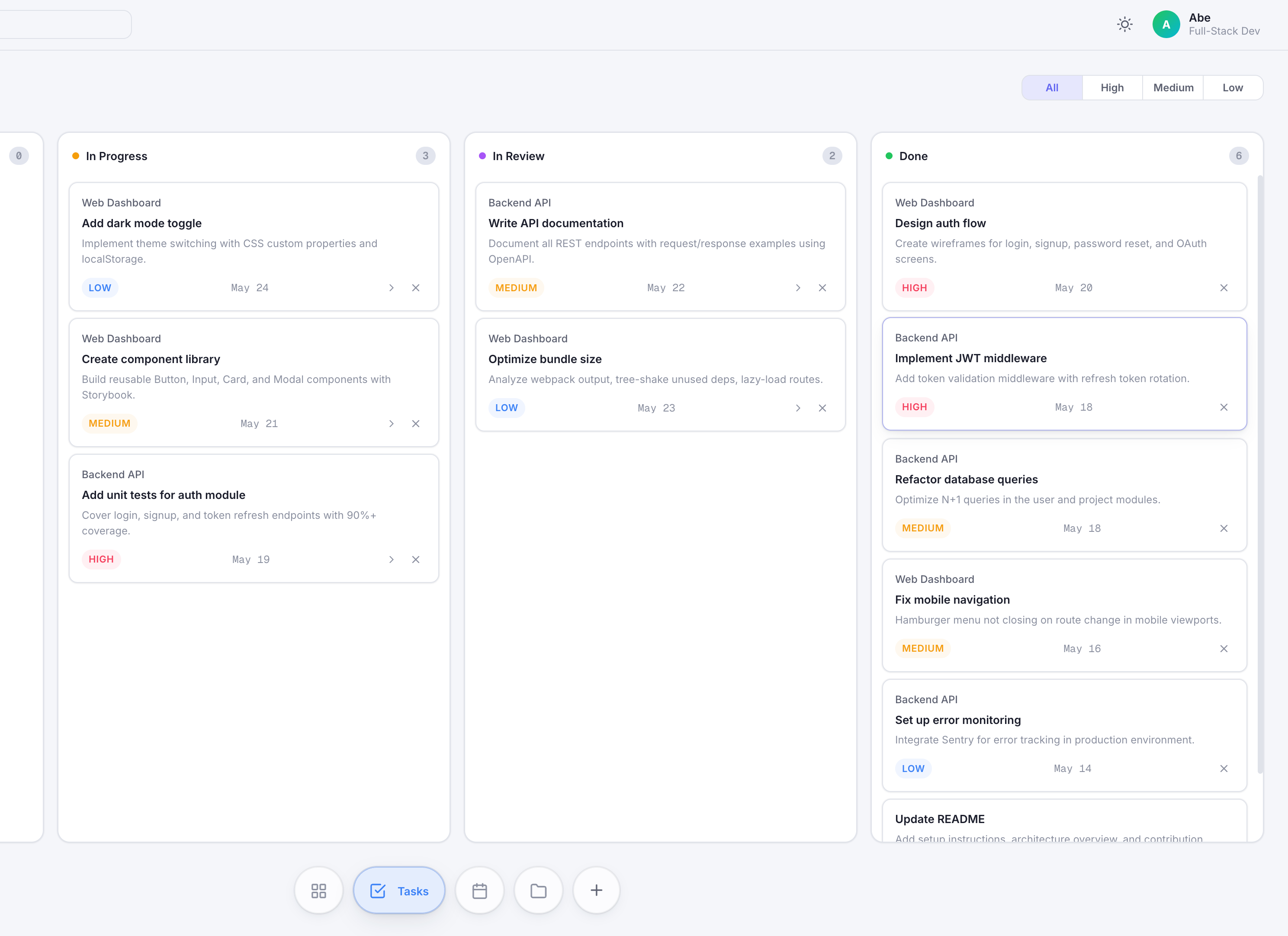 Tasky kanban board for active tasks